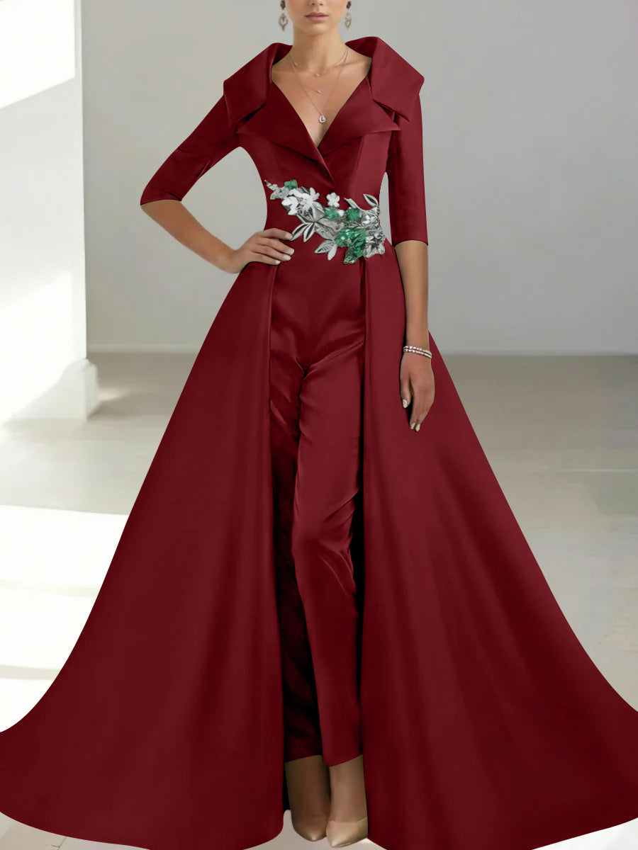 A-Line/Princess Shirt Collar Satin Mother of the Bride Jumpsuit Overskirt Sequins Pocket Half Sleeves Floor-Length