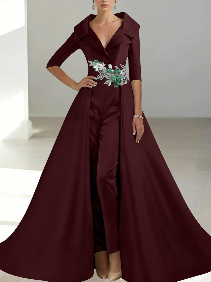 A-Line/Princess Shirt Collar Satin Mother of the Bride Jumpsuit Overskirt Sequins Pocket Half Sleeves Floor-Length