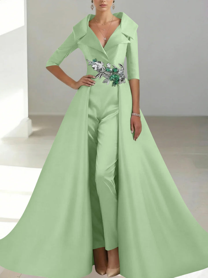 A-Line/Princess Shirt Collar Satin Mother of the Bride Jumpsuit Overskirt Sequins Pocket Half Sleeves Floor-Length