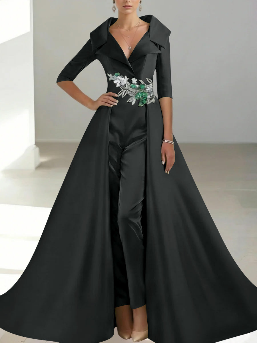 A-Line/Princess Shirt Collar Satin Mother of the Bride Jumpsuit Overskirt Sequins Pocket Half Sleeves Floor-Length