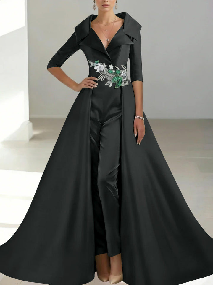 A-Line/Princess Shirt Collar Satin Mother of the Bride Jumpsuit Overskirt Sequins Pocket Half Sleeves Floor-Length