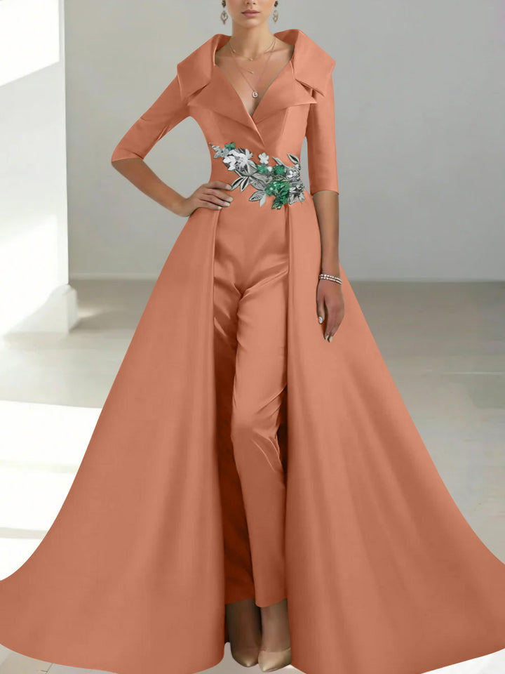 A-Line/Princess Shirt Collar Satin Mother of the Bride Jumpsuit Overskirt Sequins Pocket Half Sleeves Floor-Length