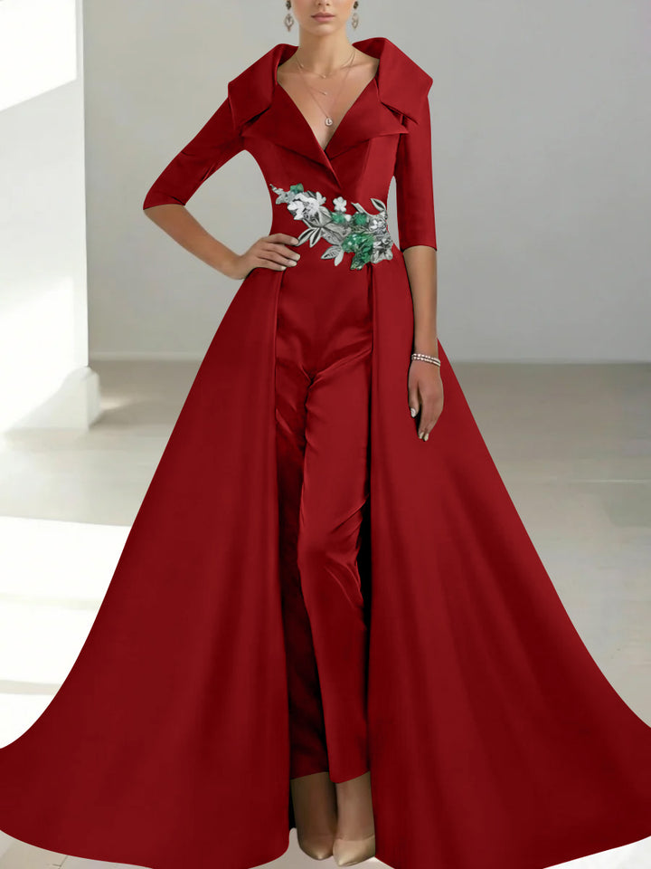 A-Line/Princess Shirt Collar Satin Mother of the Bride Jumpsuit Overskirt Sequins Pocket Half Sleeves Floor-Length