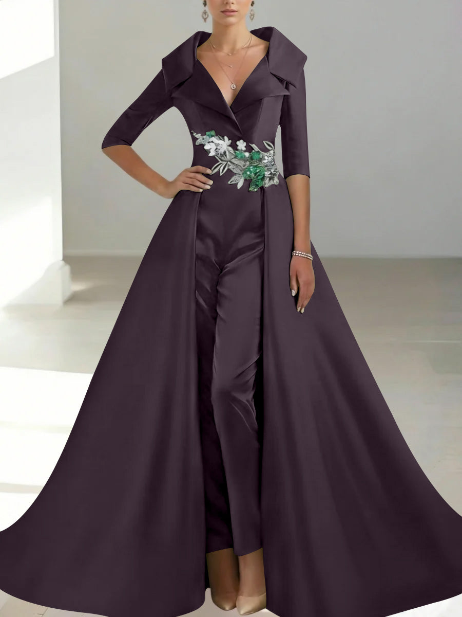 A-Line/Princess Shirt Collar Satin Mother of the Bride Jumpsuit Overskirt Sequins Pocket Half Sleeves Floor-Length