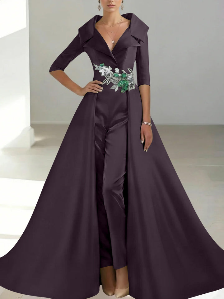 A-Line/Princess Shirt Collar Satin Mother of the Bride Jumpsuit Overskirt Sequins Pocket Half Sleeves Floor-Length