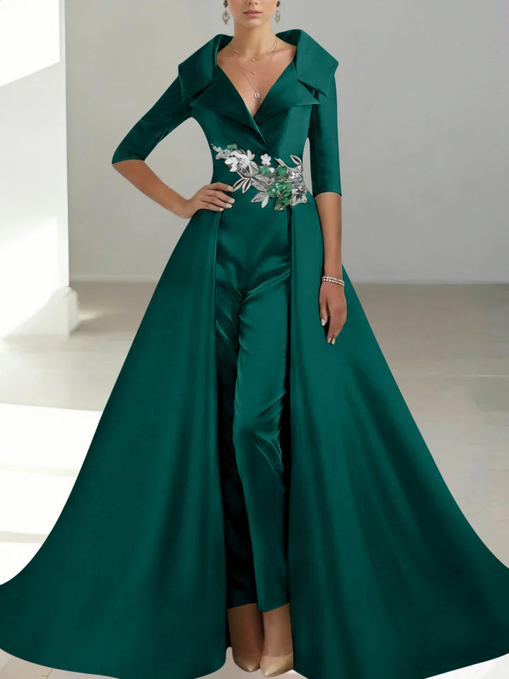 A-Line/Princess Shirt Collar Satin Mother of the Bride Jumpsuit Overskirt Sequins Pocket Half Sleeves Floor-Length