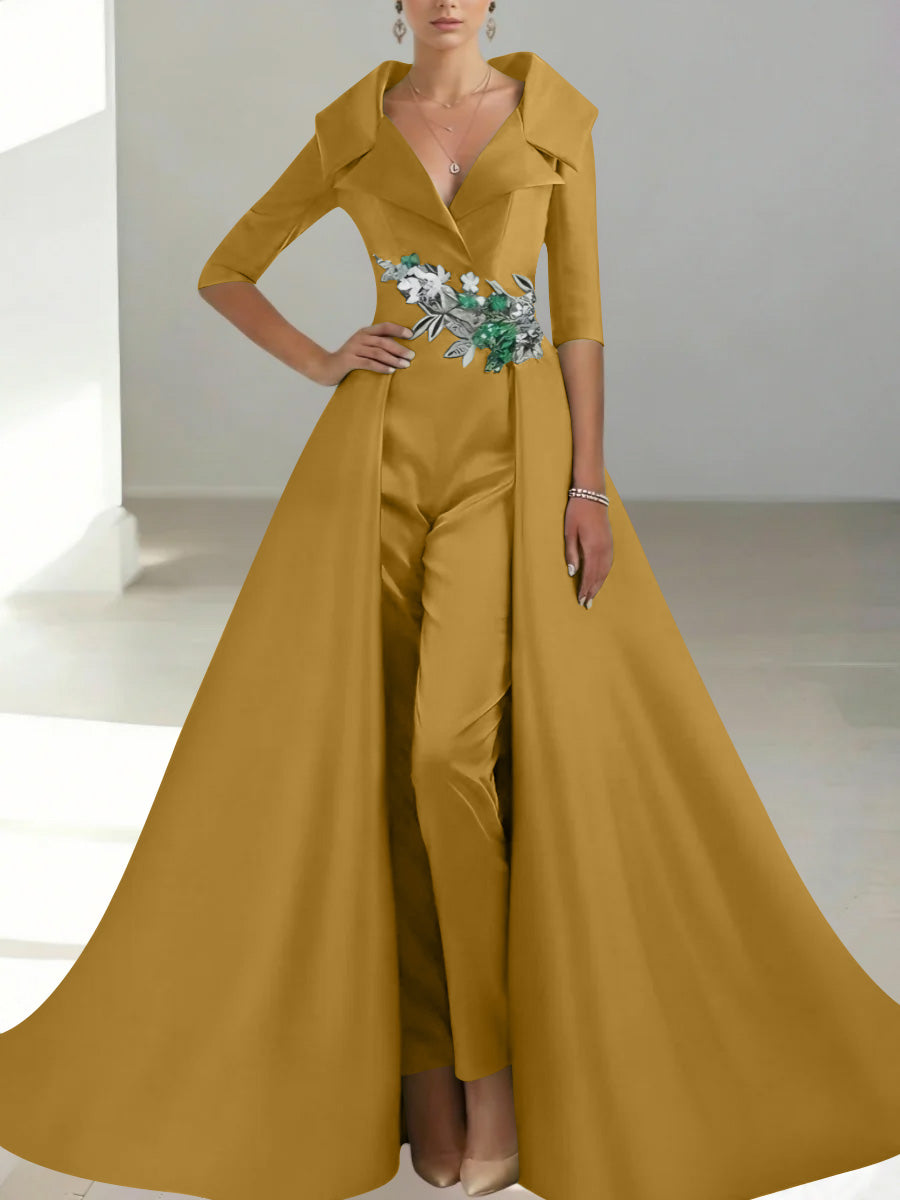 A-Line/Princess Shirt Collar Satin Mother of the Bride Jumpsuit Overskirt Sequins Pocket Half Sleeves Floor-Length