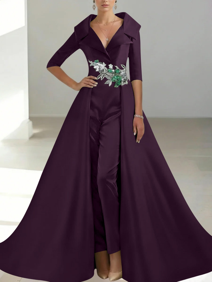 A-Line/Princess Shirt Collar Satin Mother of the Bride Jumpsuit Overskirt Sequins Pocket Half Sleeves Floor-Length