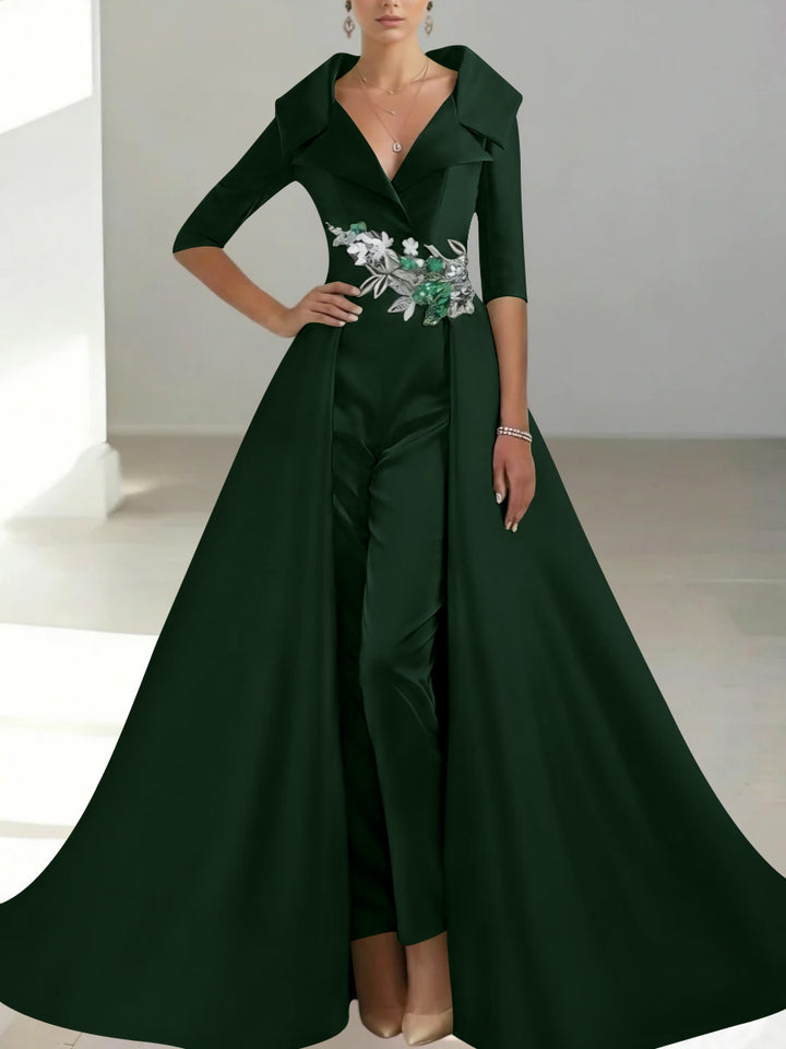 A-Line/Princess Shirt Collar Satin Mother of the Bride Jumpsuit Overskirt Sequins Pocket Half Sleeves Floor-Length