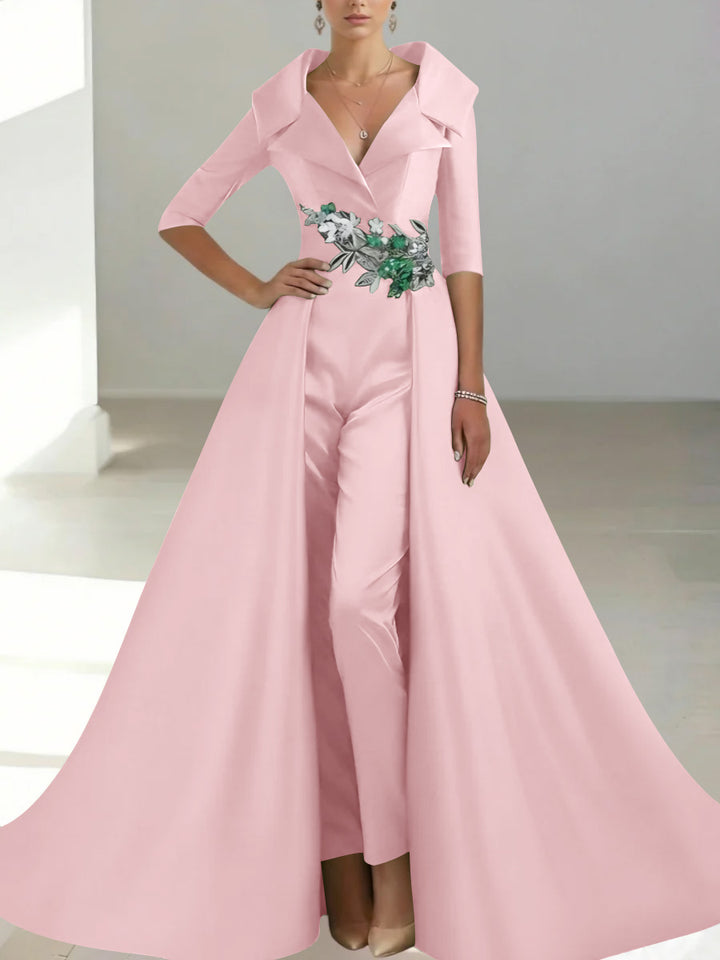 A-Line/Princess Shirt Collar Satin Mother of the Bride Jumpsuit Overskirt Sequins Pocket Half Sleeves Floor-Length
