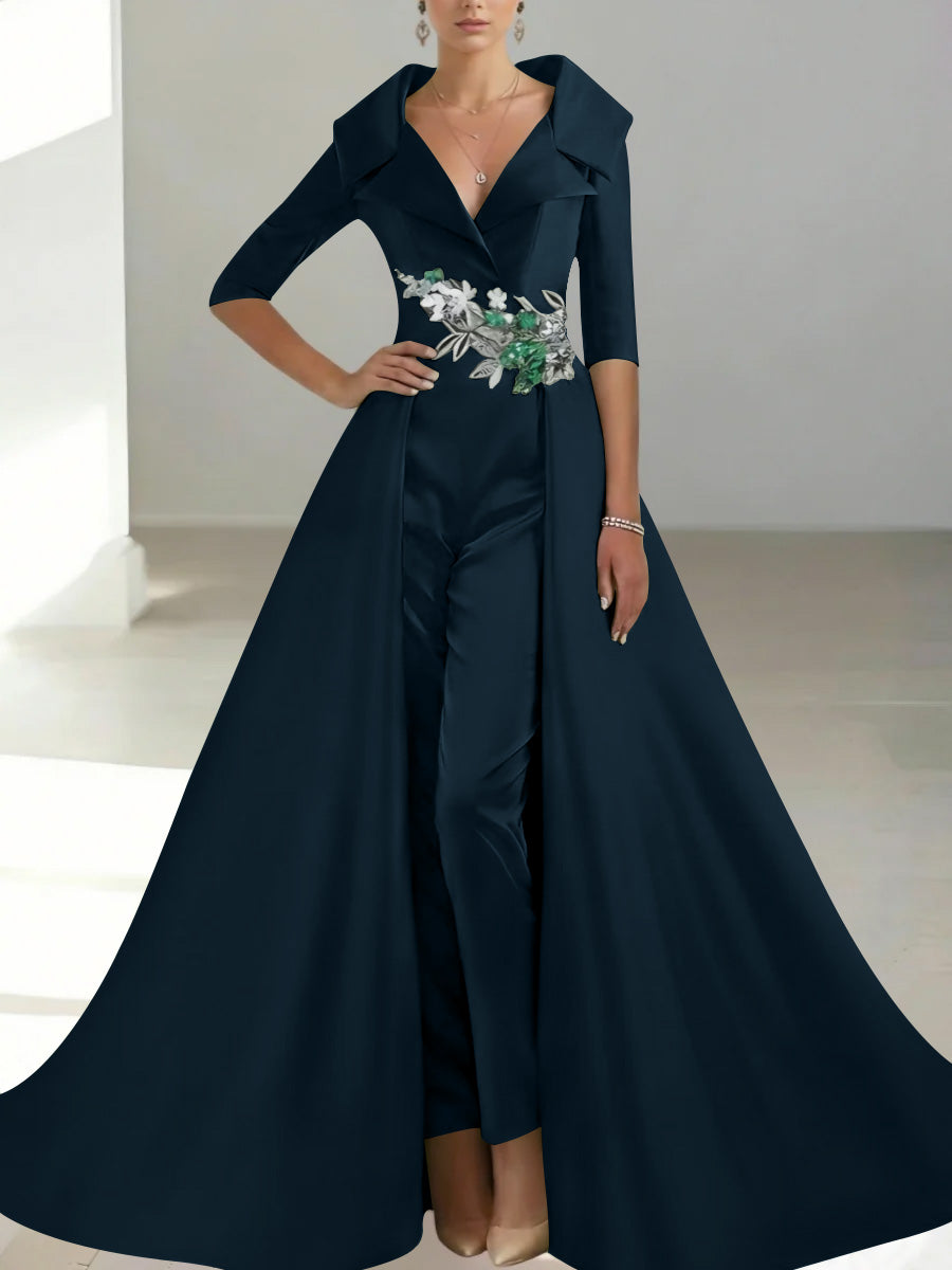 A-Line/Princess Shirt Collar Satin Mother of the Bride Jumpsuit Overskirt Sequins Pocket Half Sleeves Floor-Length