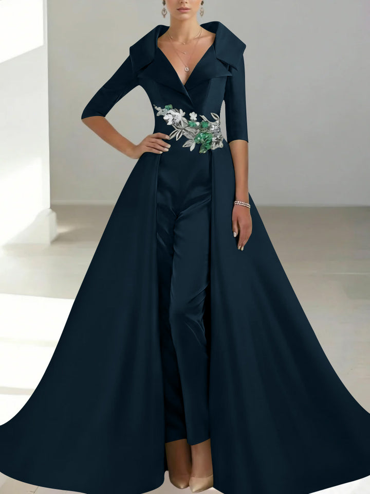 A-Line/Princess Shirt Collar Satin Mother of the Bride Jumpsuit Overskirt Sequins Pocket Half Sleeves Floor-Length