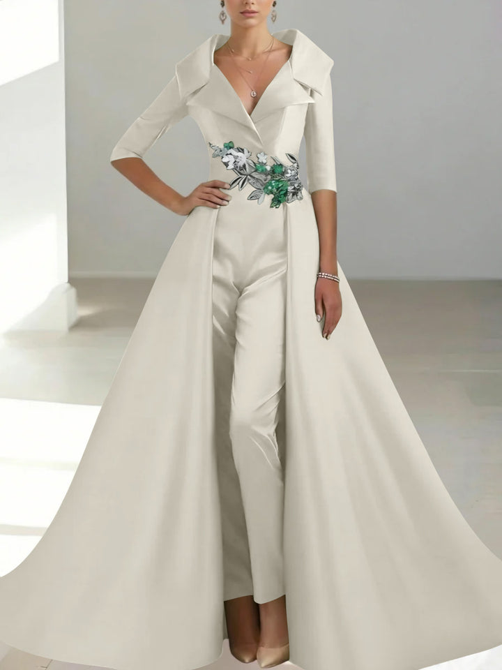 A-Line/Princess Shirt Collar Satin Mother of the Bride Jumpsuit Overskirt Sequins Pocket Half Sleeves Floor-Length