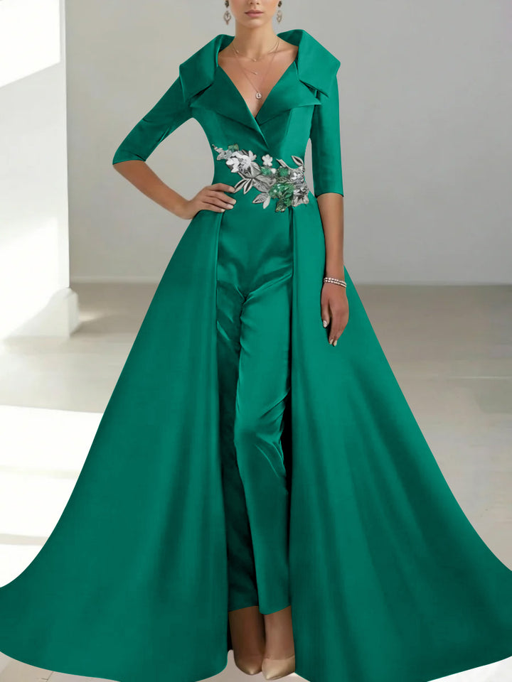 A-Line/Princess Shirt Collar Satin Mother of the Bride Jumpsuit Overskirt Sequins Pocket Half Sleeves Floor-Length