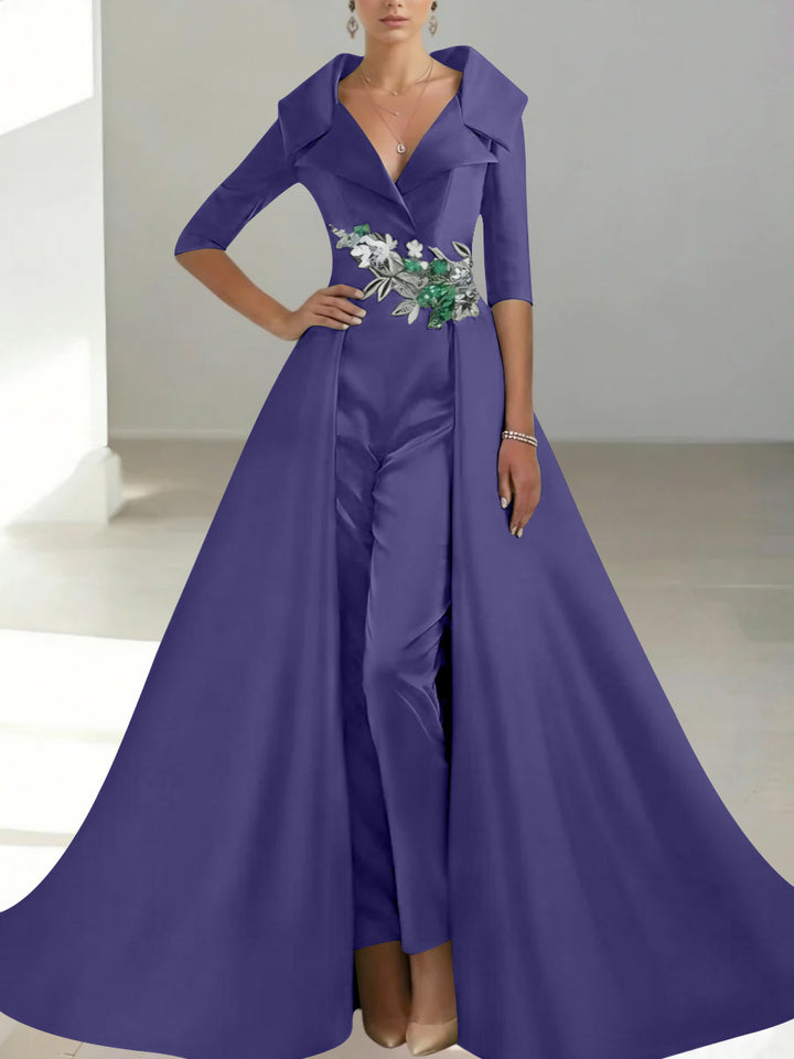 A-Line/Princess Shirt Collar Satin Mother of the Bride Jumpsuit Overskirt Sequins Pocket Half Sleeves Floor-Length