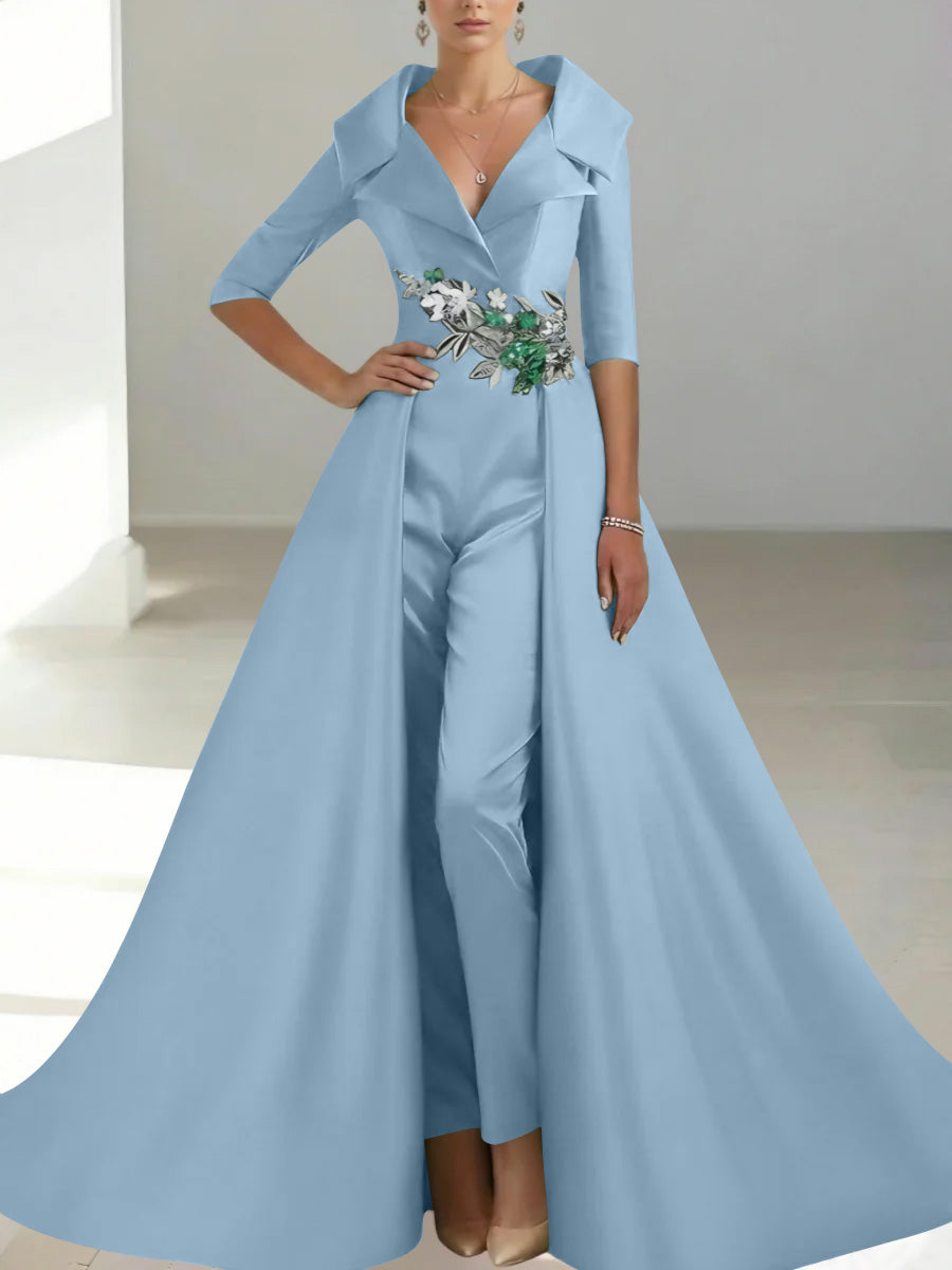 A-Line/Princess Shirt Collar Satin Mother of the Bride Jumpsuit Overskirt Sequins Pocket Half Sleeves Floor-Length