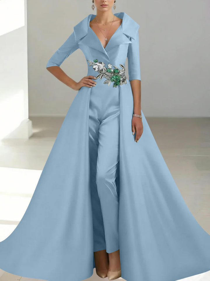A-Line/Princess Shirt Collar Satin Mother of the Bride Jumpsuit Overskirt Sequins Pocket Half Sleeves Floor-Length