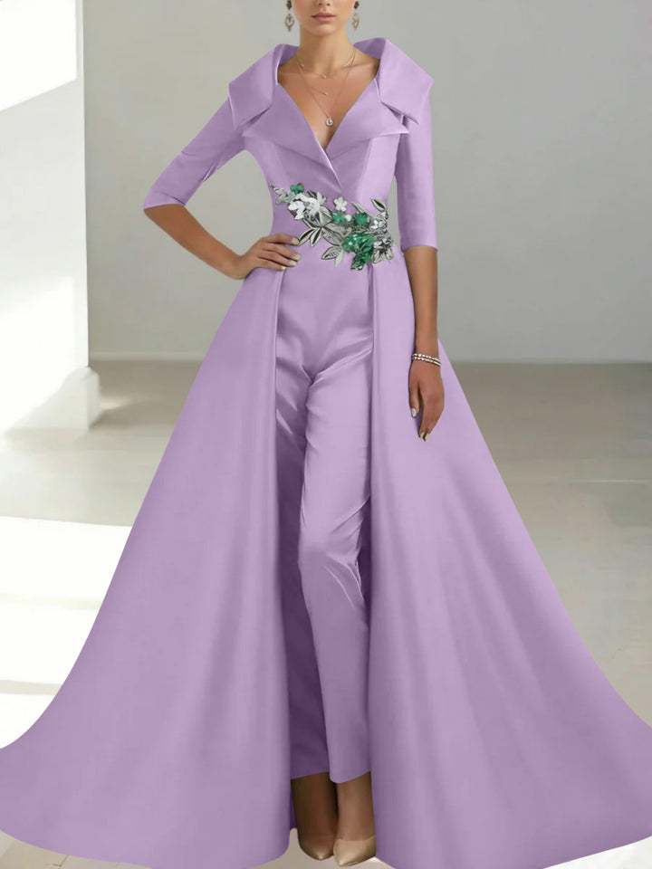A-Line/Princess Shirt Collar Satin Mother of the Bride Jumpsuit Overskirt Sequins Pocket Half Sleeves Floor-Length