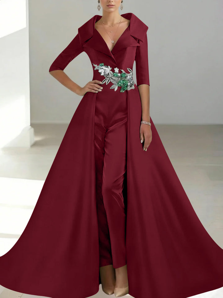 A-Line/Princess Shirt Collar Satin Mother of the Bride Jumpsuit Overskirt Sequins Pocket Half Sleeves Floor-Length