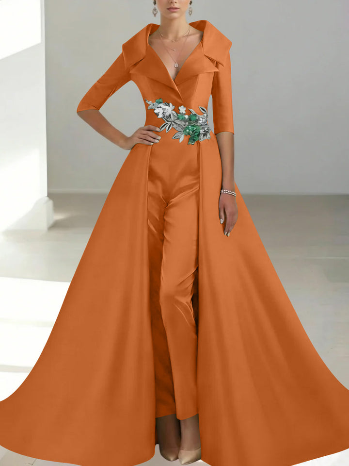A-Line/Princess Shirt Collar Satin Mother of the Bride Jumpsuit Overskirt Sequins Pocket Half Sleeves Floor-Length