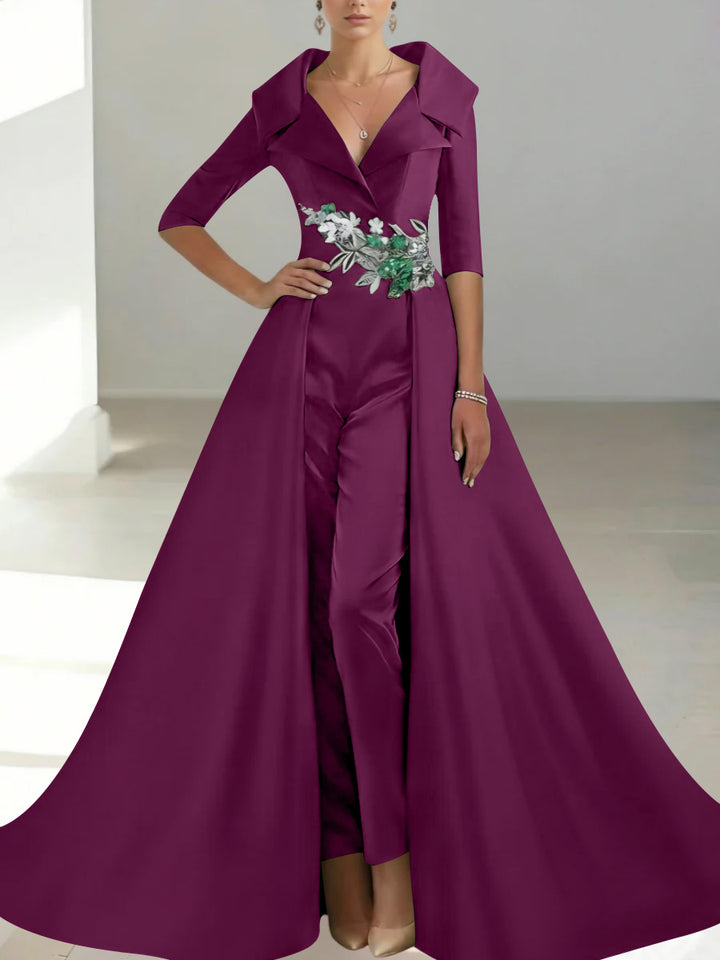 A-Line/Princess Shirt Collar Satin Mother of the Bride Jumpsuit Overskirt Sequins Pocket Half Sleeves Floor-Length