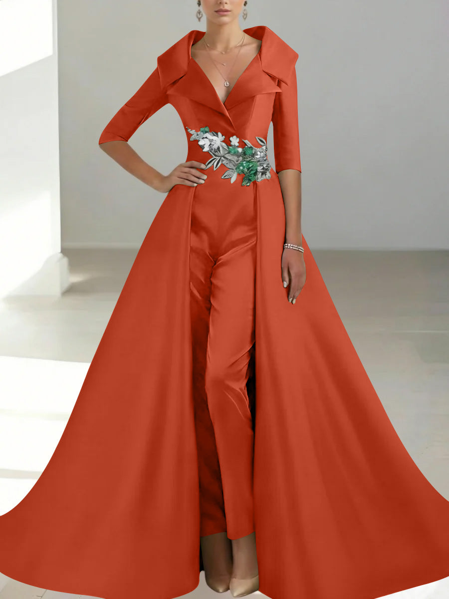 A-Line/Princess Shirt Collar Satin Mother of the Bride Jumpsuit Overskirt Sequins Pocket Half Sleeves Floor-Length