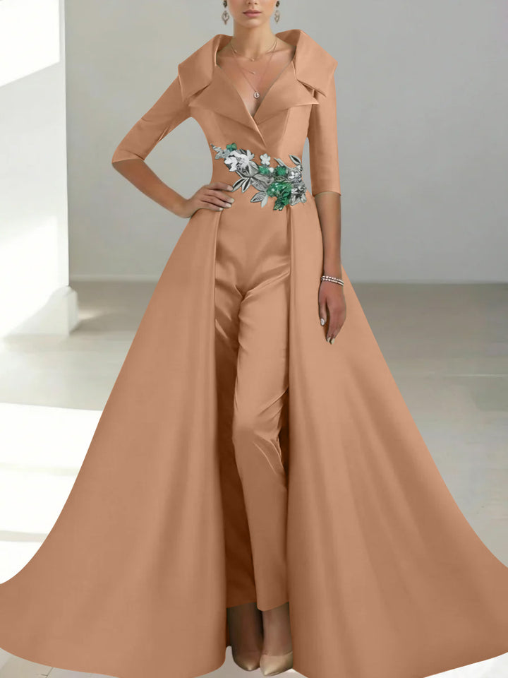 A-Line/Princess Shirt Collar Satin Mother of the Bride Jumpsuit Overskirt Sequins Pocket Half Sleeves Floor-Length