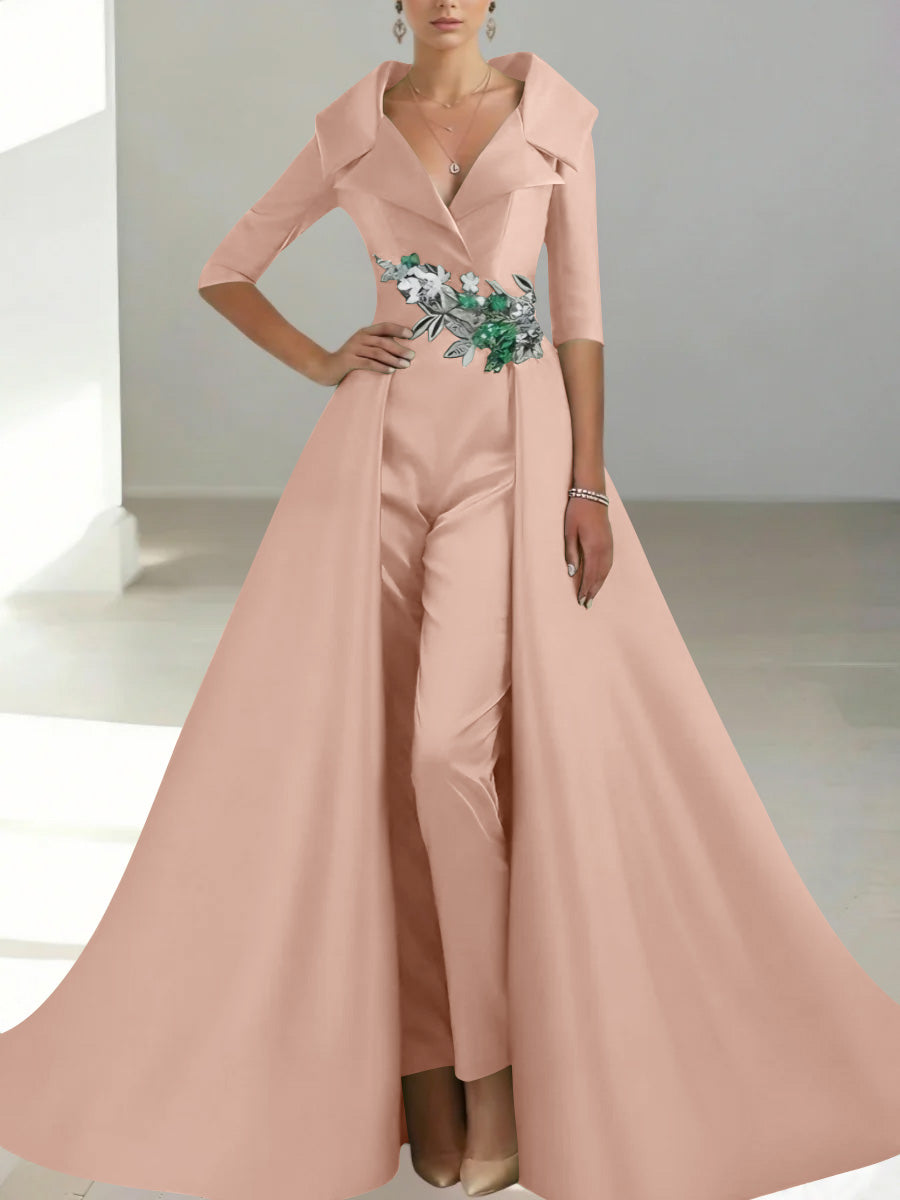 A-Line/Princess Shirt Collar Satin Mother of the Bride Jumpsuit Overskirt Sequins Pocket Half Sleeves Floor-Length