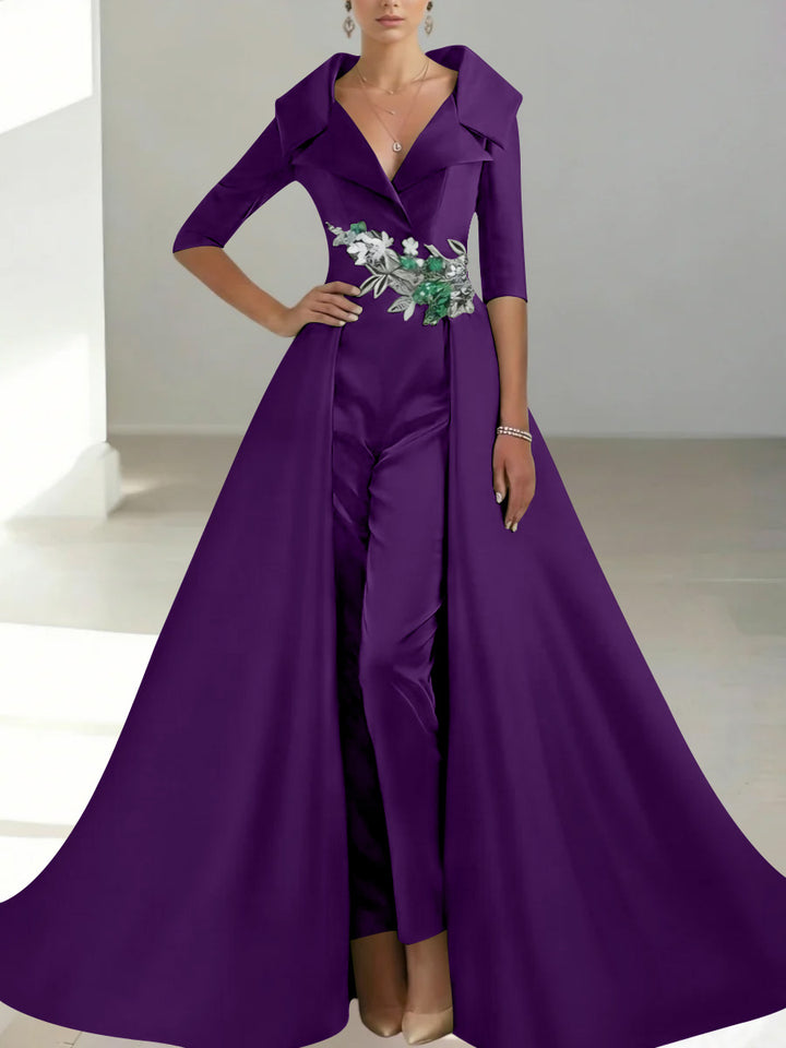 A-Line/Princess Shirt Collar Satin Mother of the Bride Jumpsuit Overskirt Sequins Pocket Half Sleeves Floor-Length