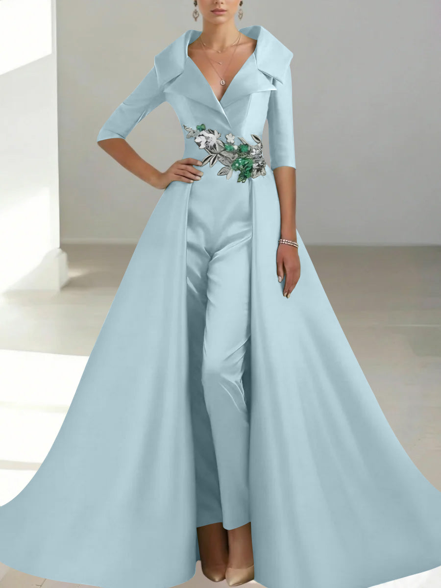 A-Line/Princess Shirt Collar Satin Mother of the Bride Jumpsuit Overskirt Sequins Pocket Half Sleeves Floor-Length