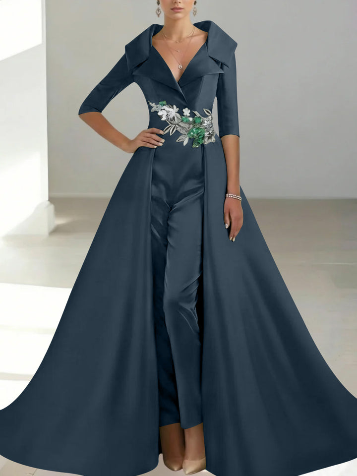 A-Line/Princess Shirt Collar Satin Mother of the Bride Jumpsuit Overskirt Sequins Pocket Half Sleeves Floor-Length