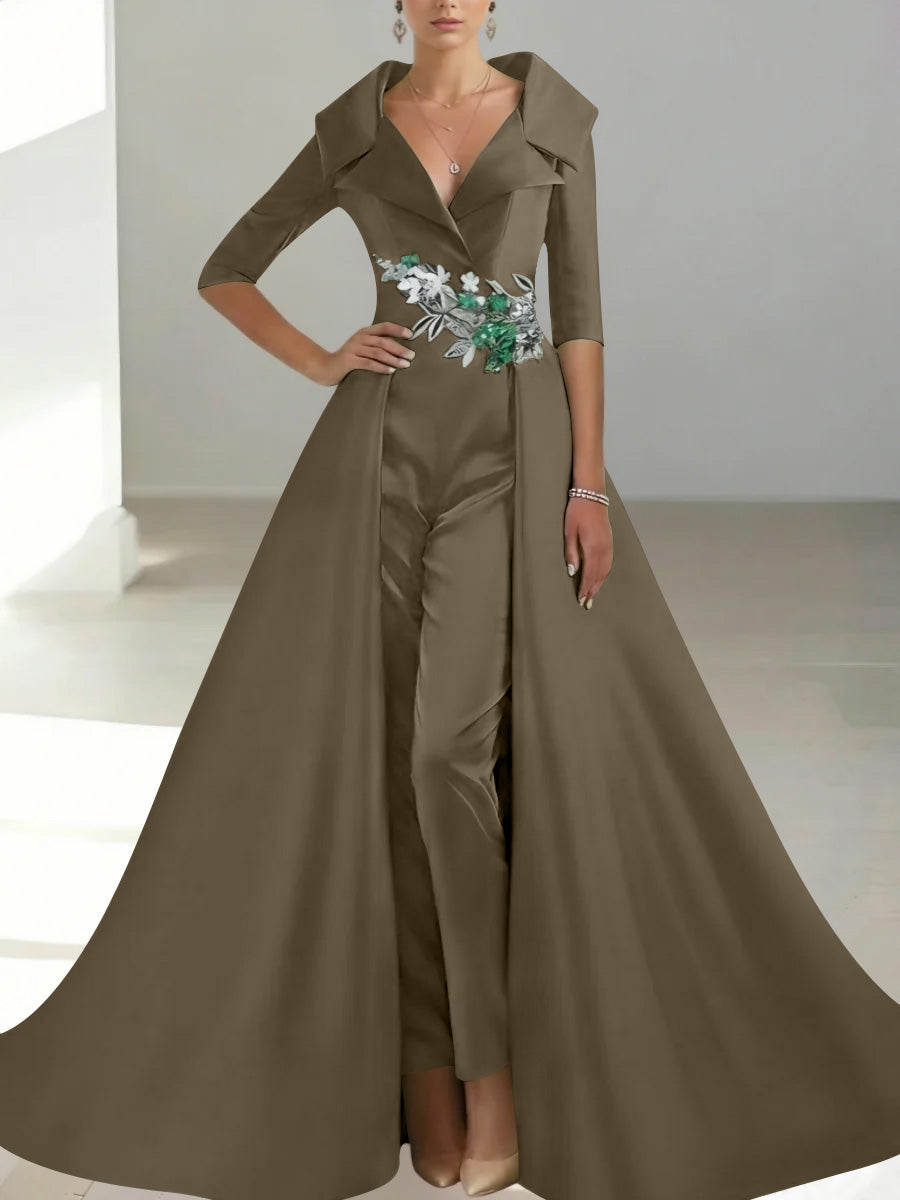 A-Line/Princess Shirt Collar Satin Mother of the Bride Jumpsuit Overskirt Sequins Pocket Half Sleeves Floor-Length