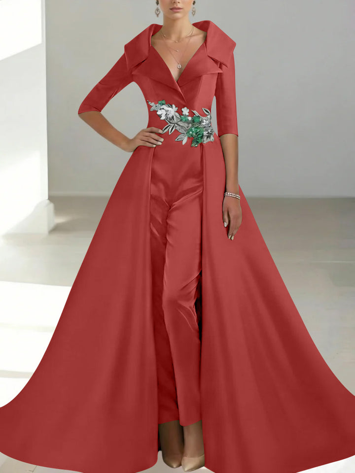 A-Line/Princess Shirt Collar Satin Mother of the Bride Jumpsuit Overskirt Sequins Pocket Half Sleeves Floor-Length