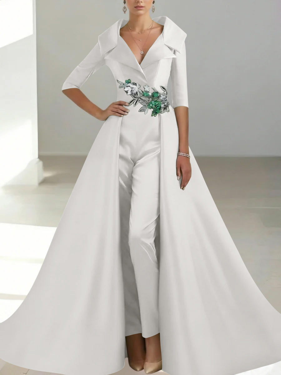 A-Line/Princess Shirt Collar Satin Mother of the Bride Jumpsuit Overskirt Sequins Pocket Half Sleeves Floor-Length