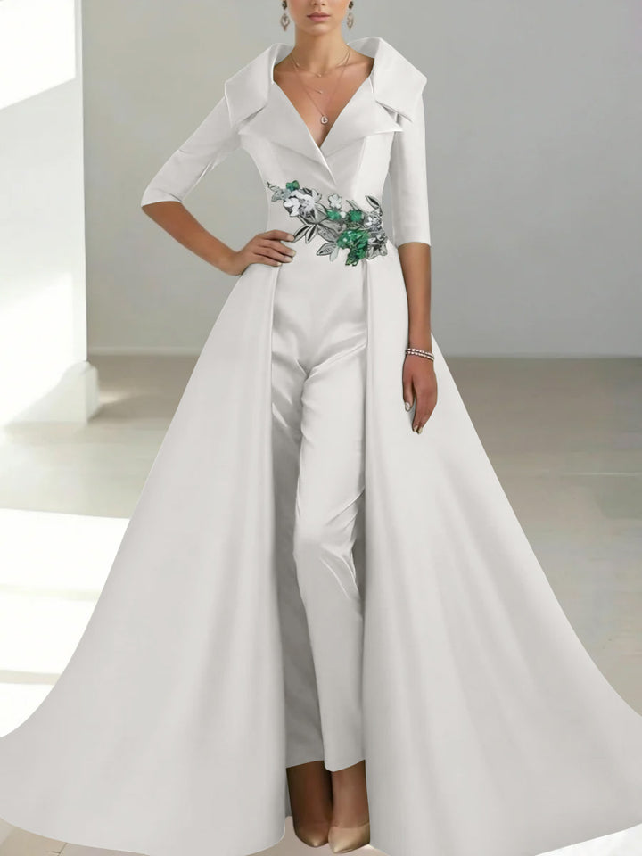 A-Line/Princess Shirt Collar Satin Mother of the Bride Jumpsuit Overskirt Sequins Pocket Half Sleeves Floor-Length