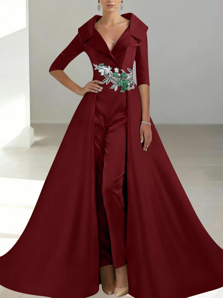 A-Line/Princess Shirt Collar Satin Mother of the Bride Jumpsuit Overskirt Sequins Pocket Half Sleeves Floor-Length
