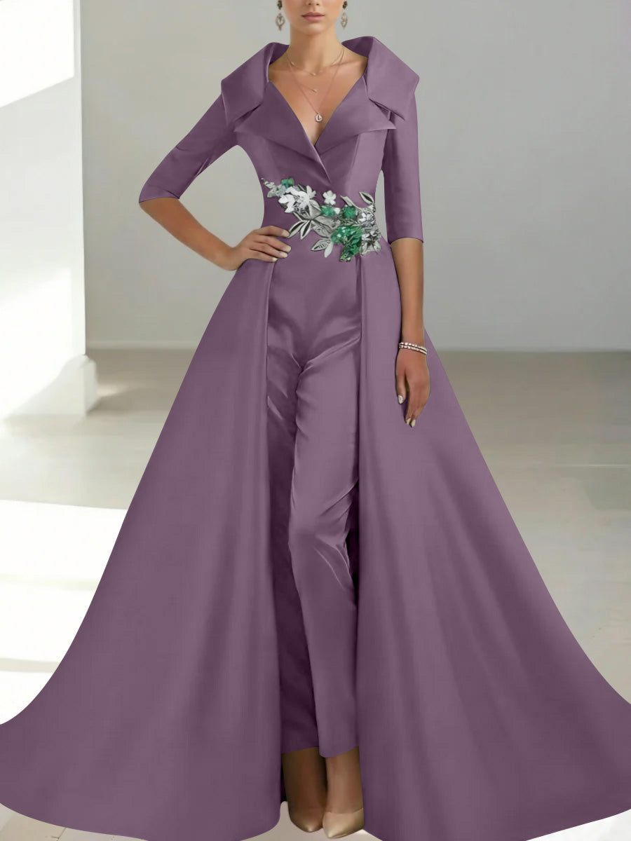 A-Line/Princess Shirt Collar Satin Mother of the Bride Jumpsuit Overskirt Sequins Pocket Half Sleeves Floor-Length