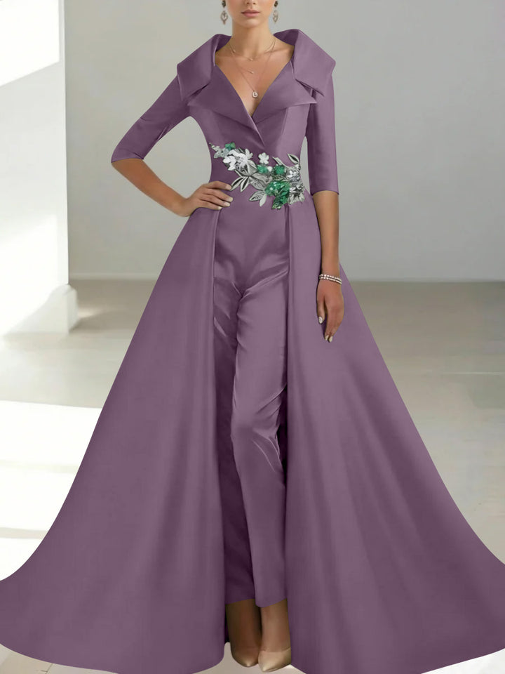 A-Line/Princess Shirt Collar Satin Mother of the Bride Jumpsuit Overskirt Sequins Pocket Half Sleeves Floor-Length