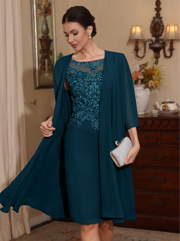 2 Pieces Sheath/Column Scoop Chiffon Mother of the Bride Dresses with Jacket Lace Knee-Length 3/4 Sleeves