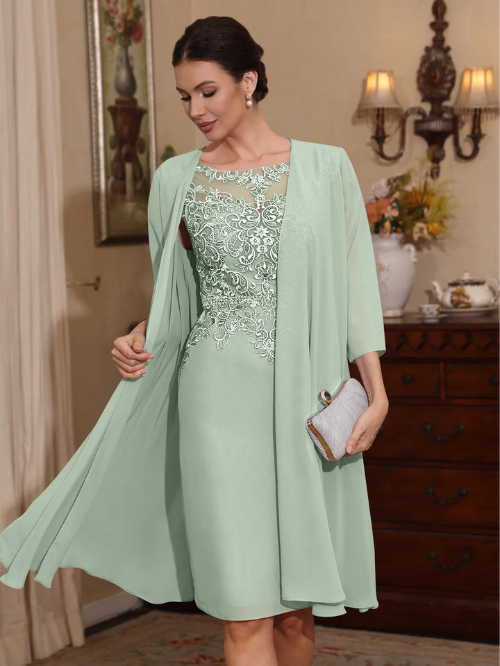2 Pieces Sheath/Column Scoop Chiffon Mother of the Bride Dresses with Jacket Lace Knee-Length 3/4 Sleeves