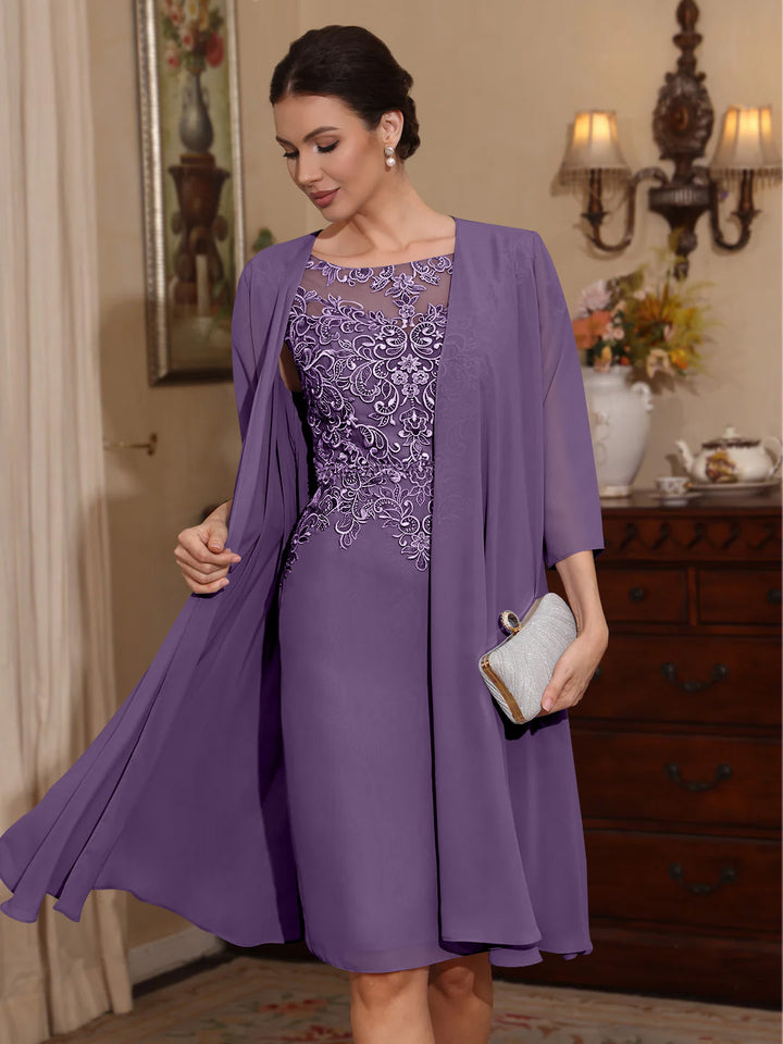 2 Pieces Sheath/Column Scoop Chiffon Mother of the Bride Dresses with Jacket Lace Knee-Length 3/4 Sleeves