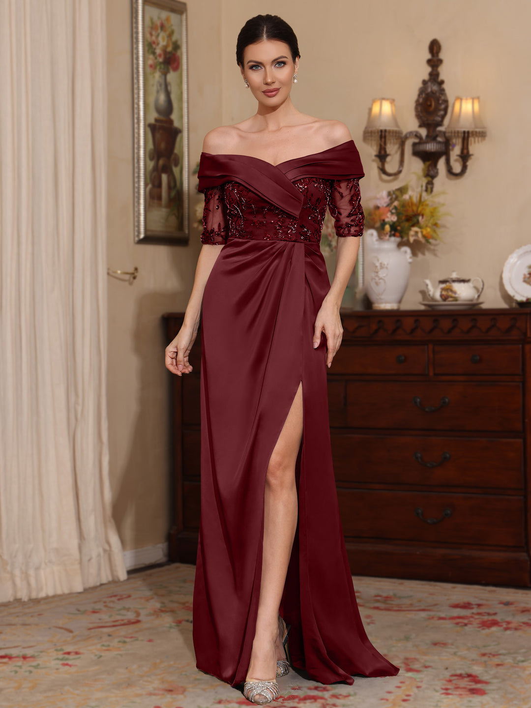 Sheath/Column Off-the-Shoulder Satin Mother of the Bride Dresses Lace Half Sleeves Floor-Length with Split Side