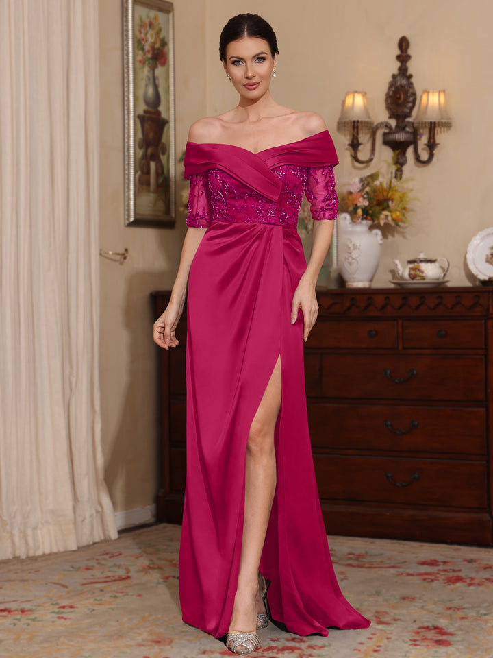 Sheath/Column Off-the-Shoulder Satin Mother of the Bride Dresses Lace Half Sleeves Floor-Length with Split Side