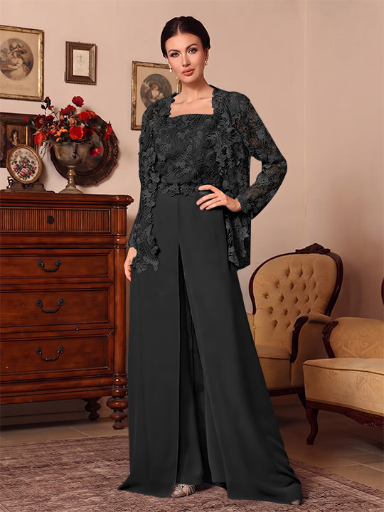 3 Pieces Square Collar Chiffon Mother of the Bride Pantsuits with Jacket Overskirt Lace Floor-Length Long Sleeves