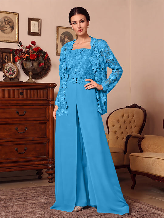 3 Pieces Square Collar Chiffon Mother of the Bride Pantsuits with Jacket Overskirt Lace Floor-Length Long Sleeves
