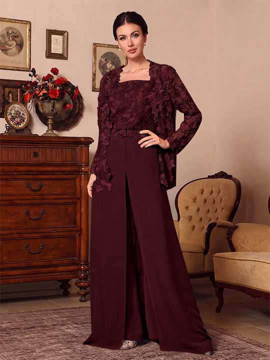 3 Pieces Square Collar Chiffon Mother of the Bride Pantsuits with Jacket Overskirt Lace Floor-Length Long Sleeves