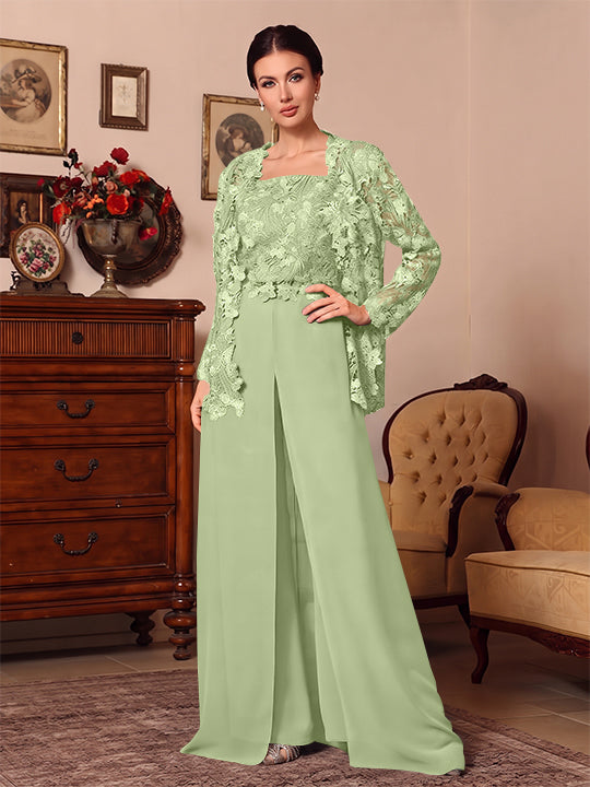 3 Pieces Square Collar Chiffon Mother of the Bride Pantsuits with Jacket Overskirt Lace Floor-Length Long Sleeves