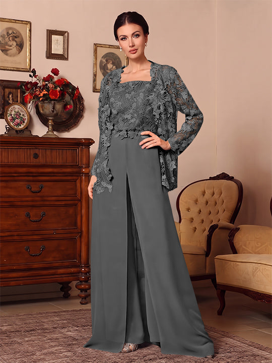 3 Pieces Square Collar Chiffon Mother of the Bride Pantsuits with Jacket Overskirt Lace Floor-Length Long Sleeves