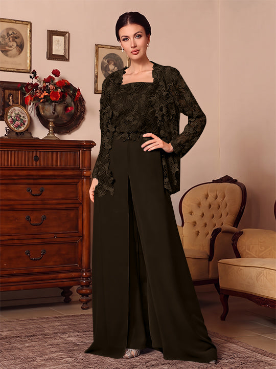 3 Pieces Square Collar Chiffon Mother of the Bride Pantsuits with Jacket Overskirt Lace Floor-Length Long Sleeves