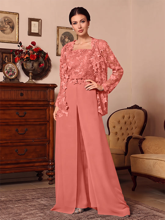 3 Pieces Square Collar Chiffon Mother of the Bride Pantsuits with Jacket Overskirt Lace Floor-Length Long Sleeves
